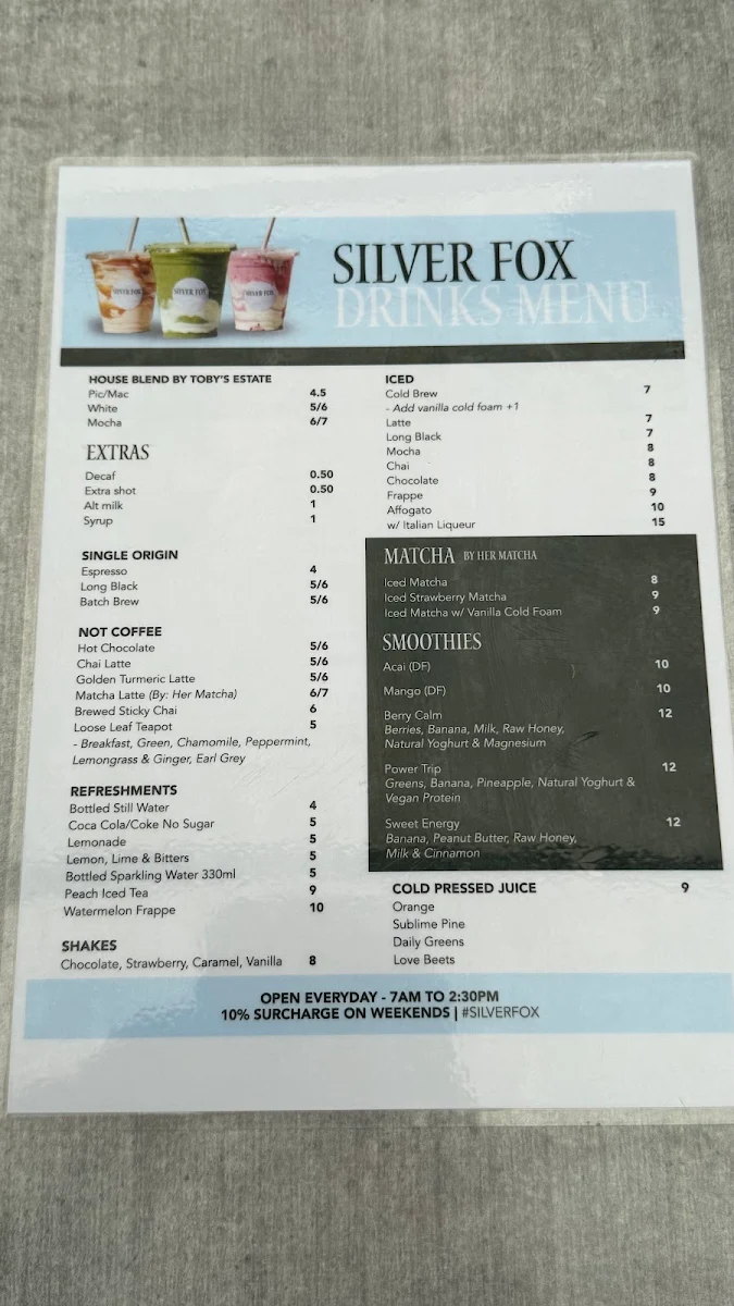 Menu, Silver Fox Cafe