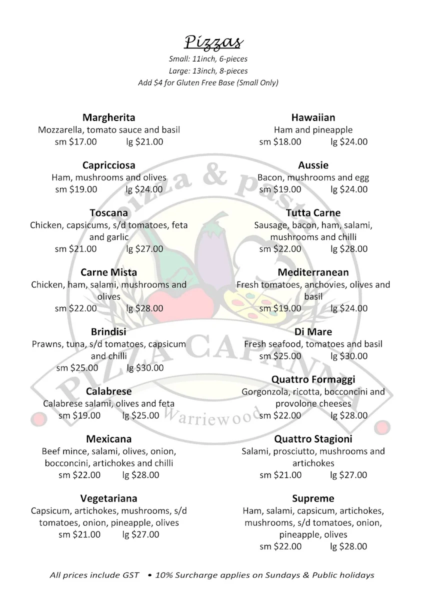 Menu, Pizza Capanna Warriewood