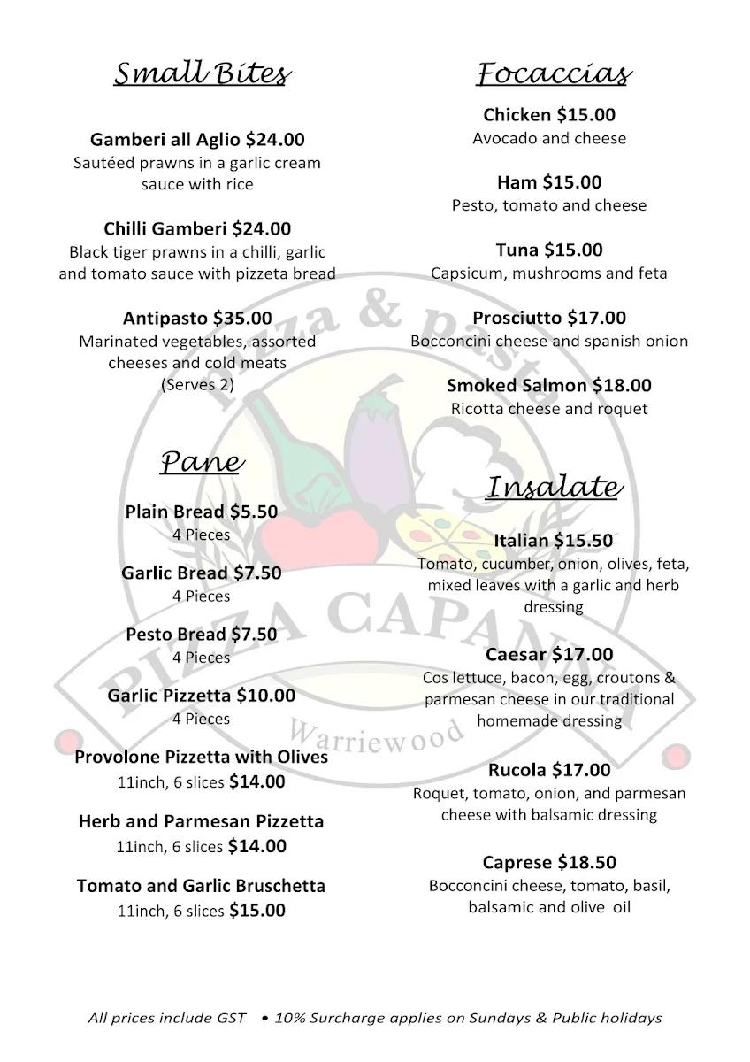 Menu, Pizza Capanna Warriewood