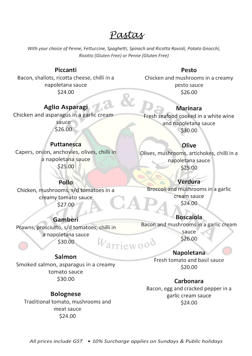 Menu, Pizza Capanna Warriewood