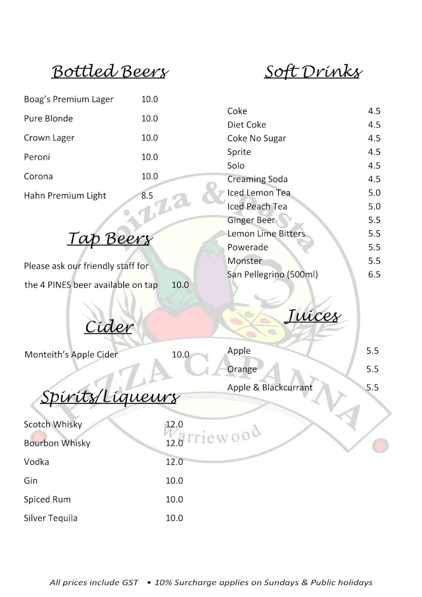 Menu, Pizza Capanna Warriewood