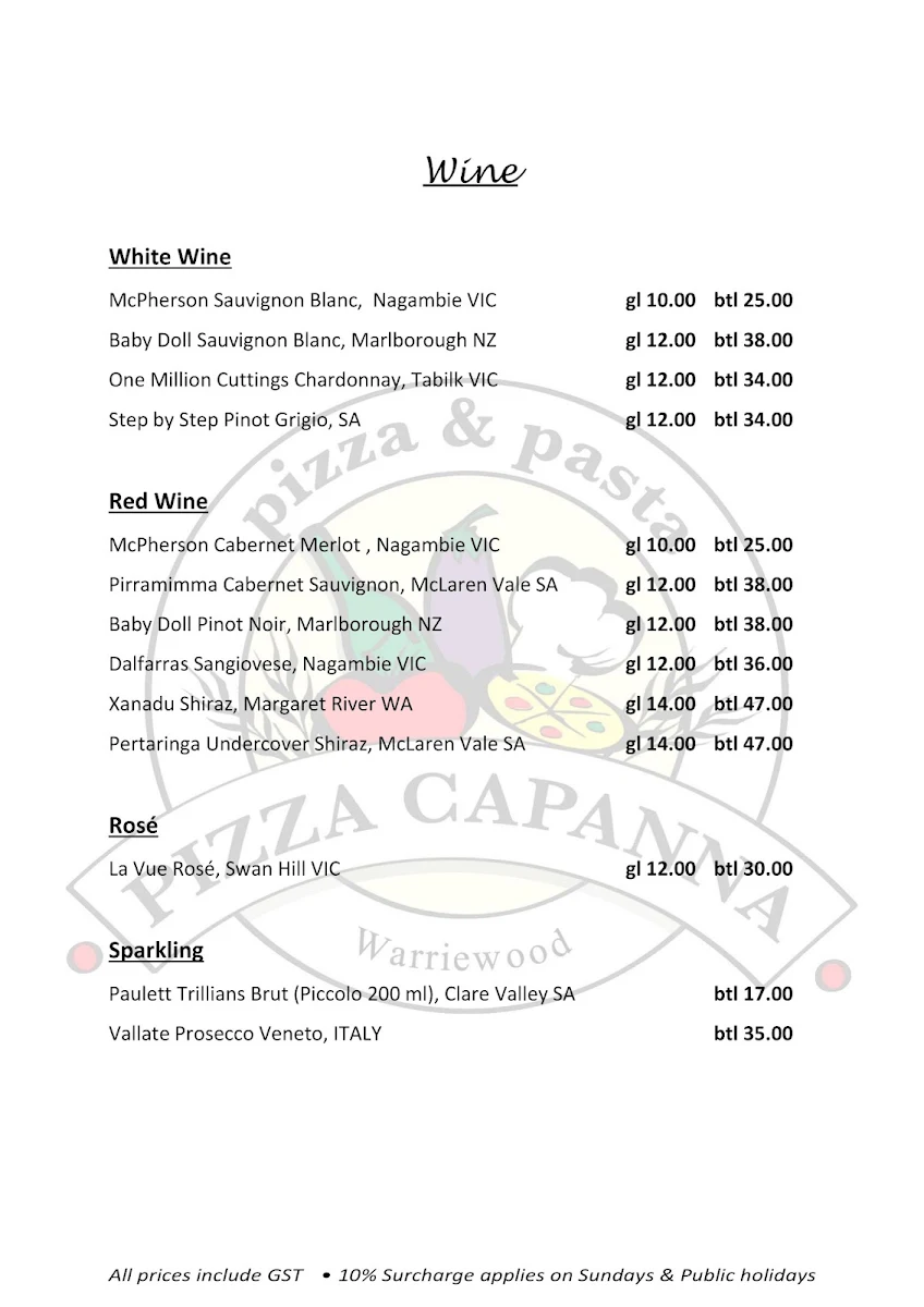 Menu, Pizza Capanna Warriewood