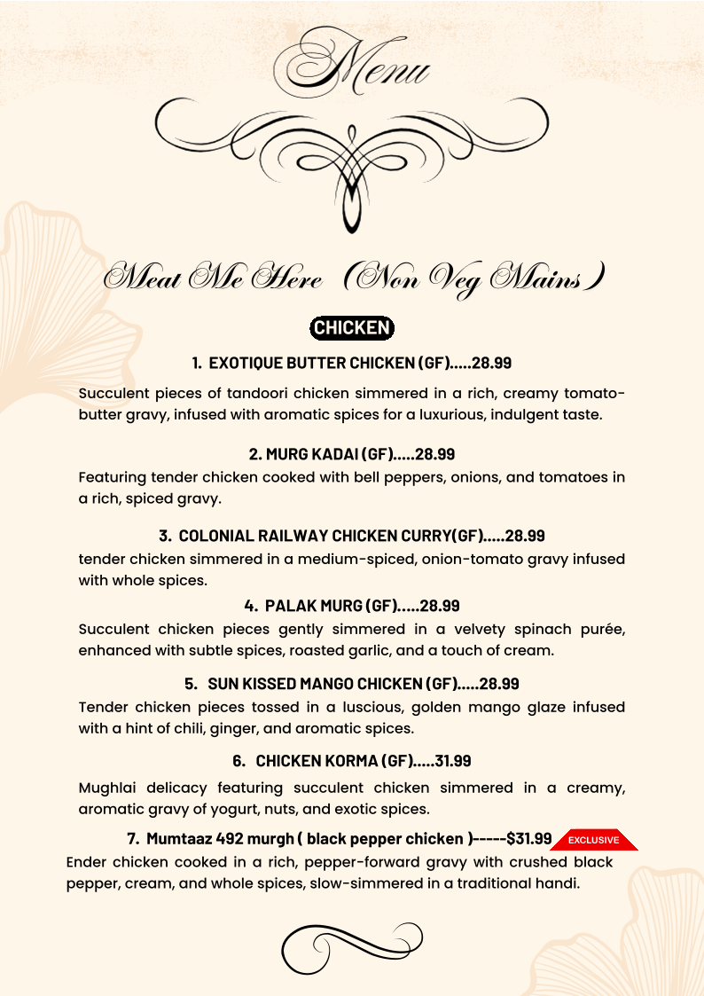 Menu, Mumtaaz indian Bistro
