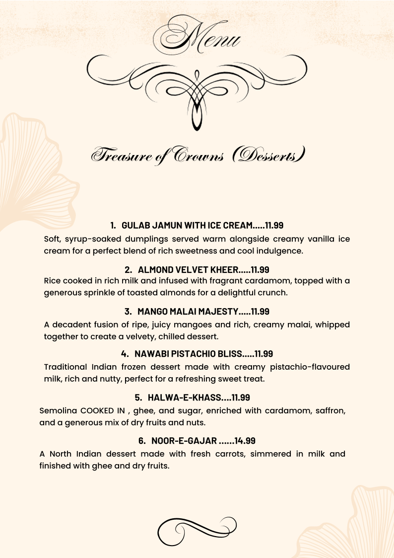 Menu, Mumtaaz indian Bistro