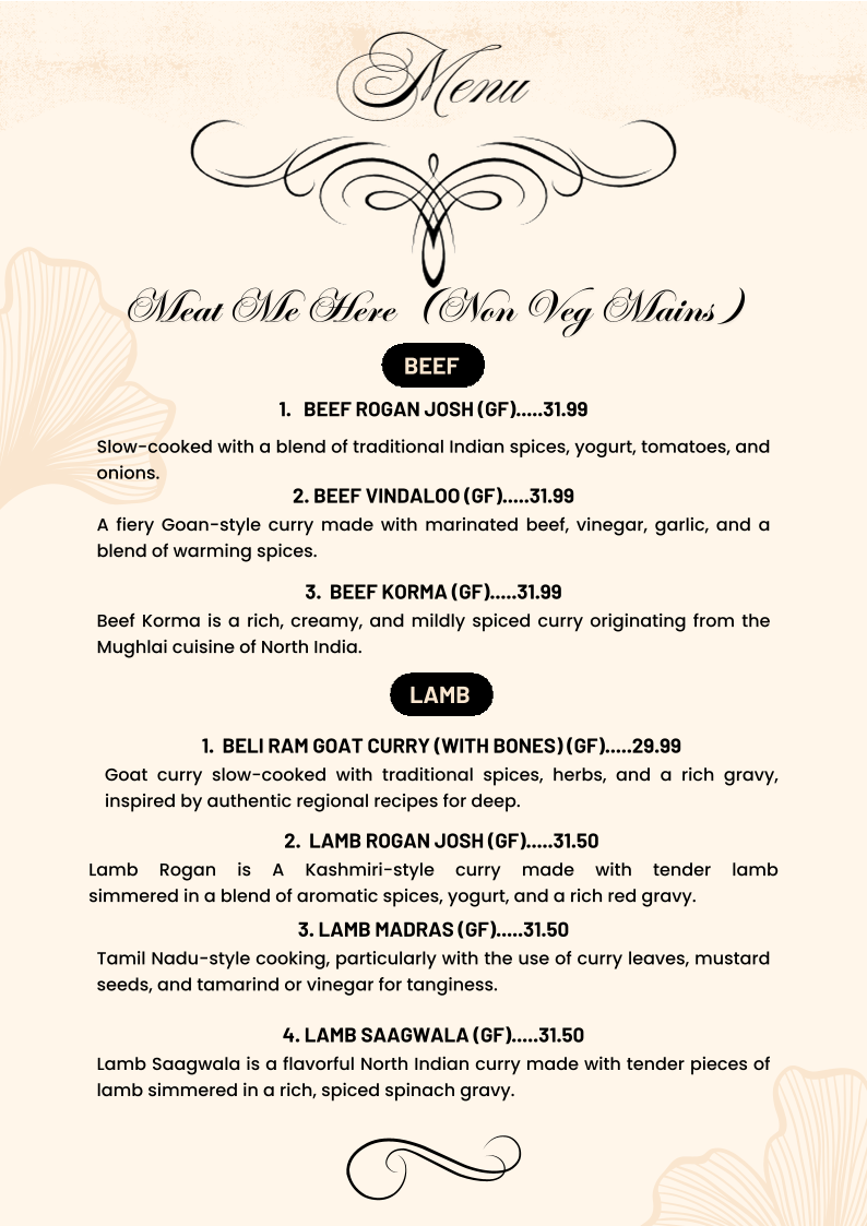 Menu, Mumtaaz indian Bistro