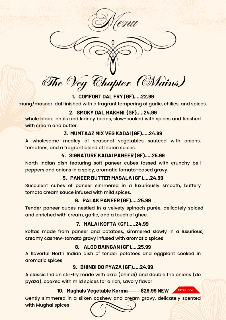 Menu, Mumtaaz indian Bistro