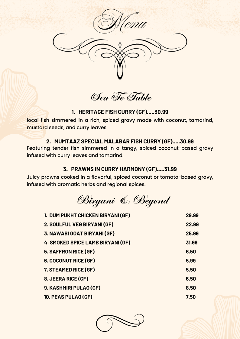 Menu, Mumtaaz indian Bistro