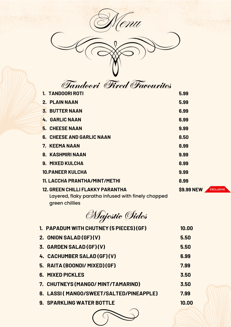 Menu, Mumtaaz indian Bistro