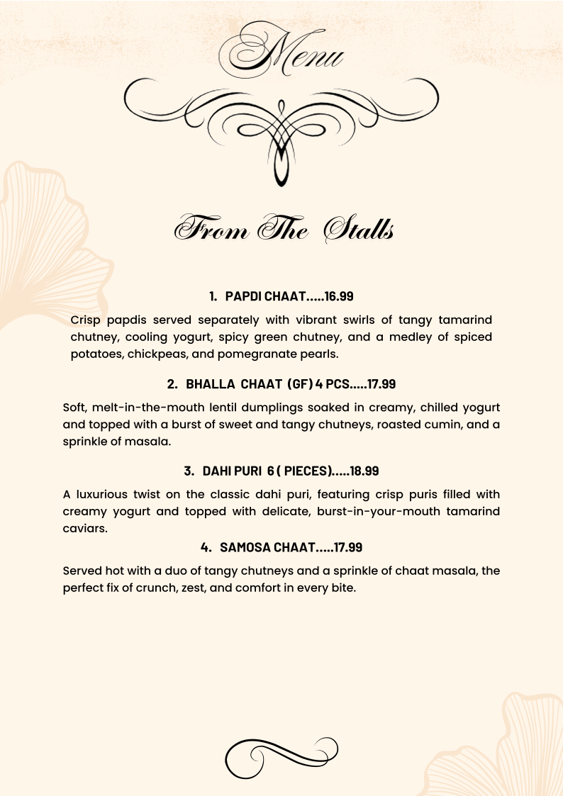 Menu, Mumtaaz indian Bistro