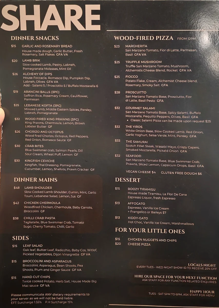 Menu, The Alchemists’ Kitchen