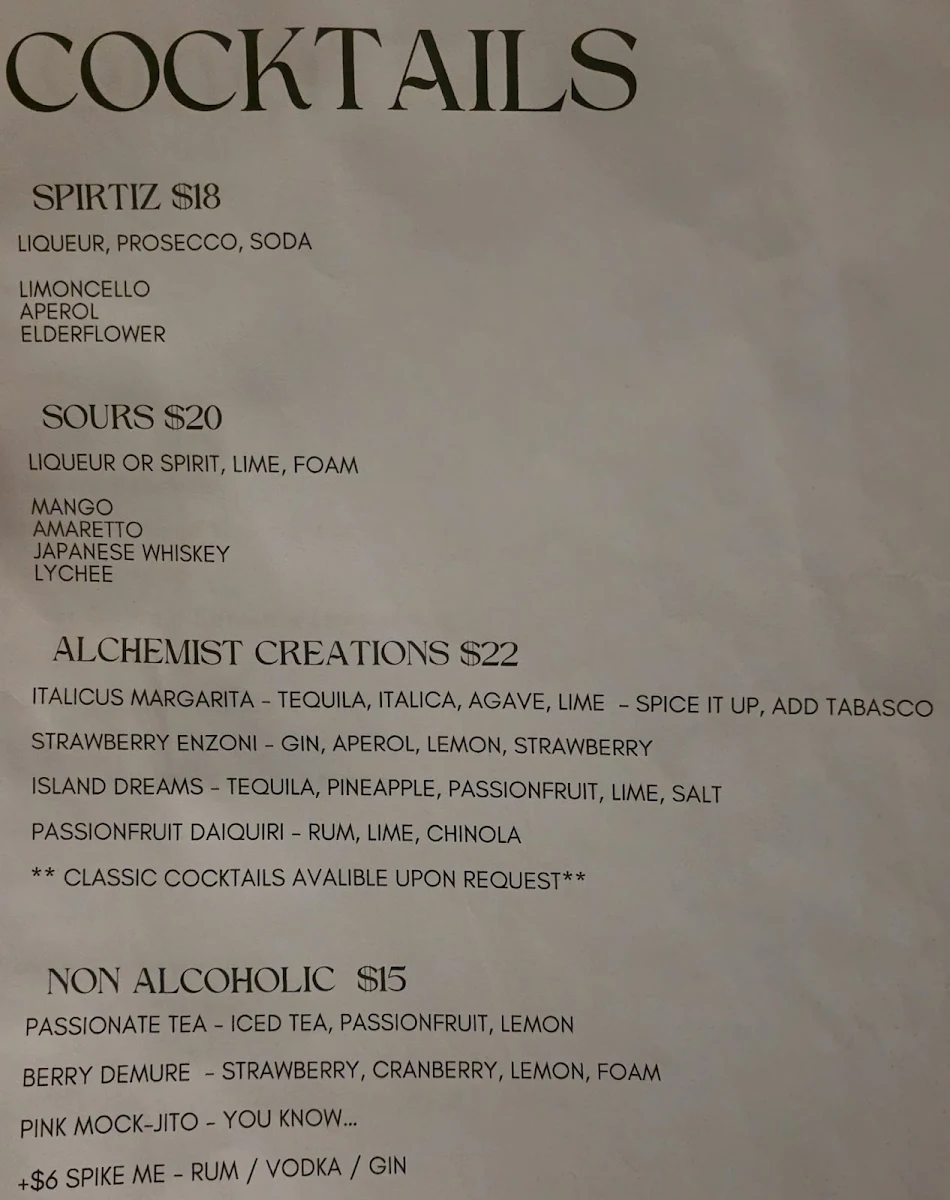 Menu, The Alchemists’ Kitchen