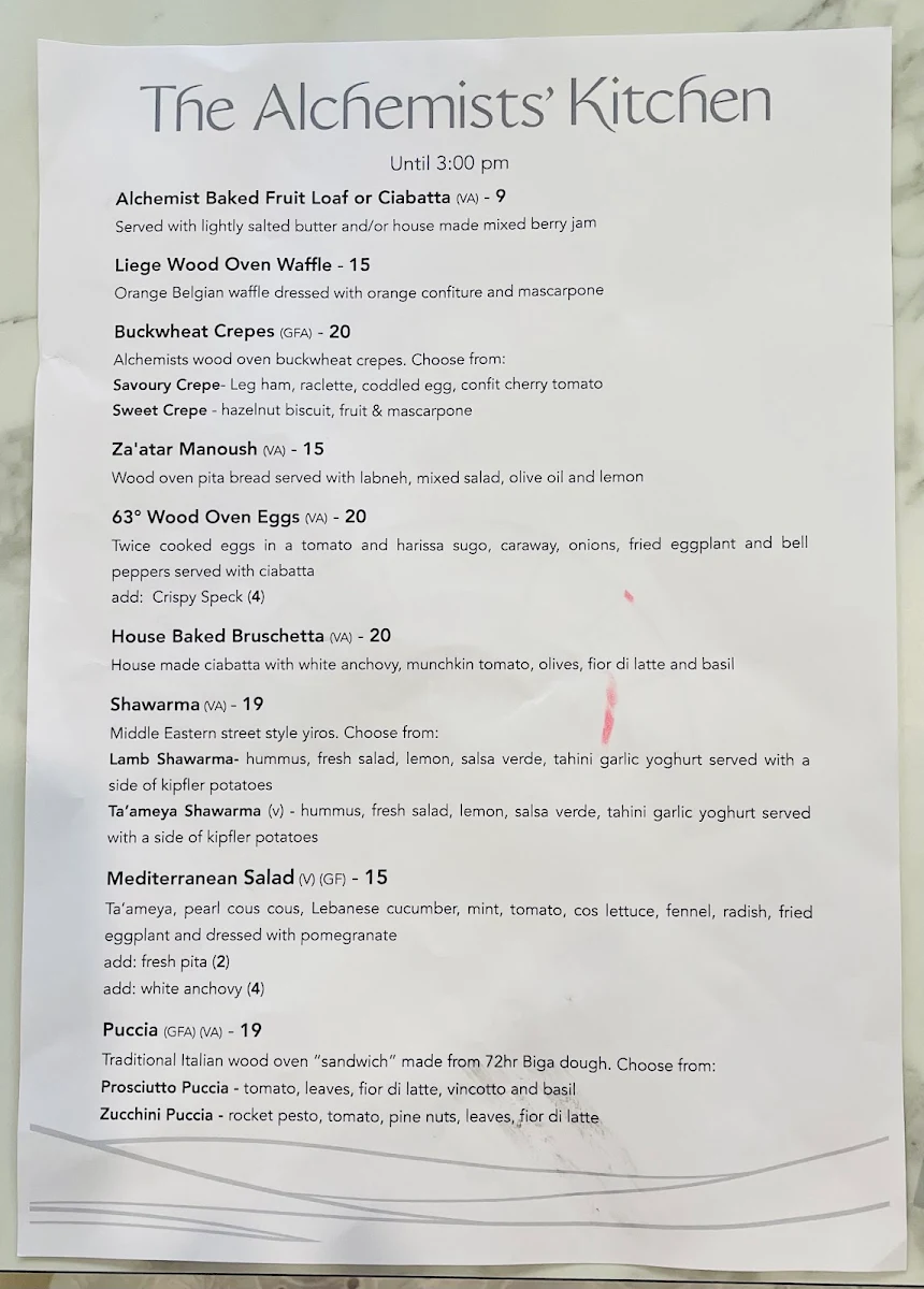 Menu, The Alchemists’ Kitchen
