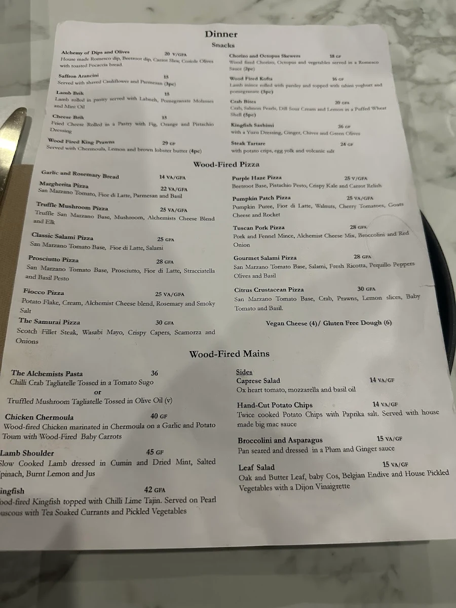 Menu, The Alchemists’ Kitchen