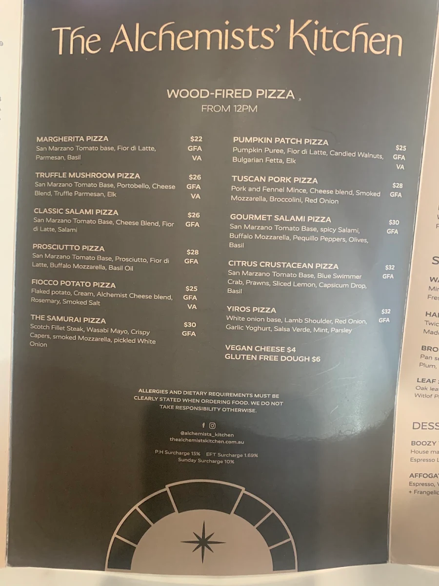 Menu, The Alchemists’ Kitchen
