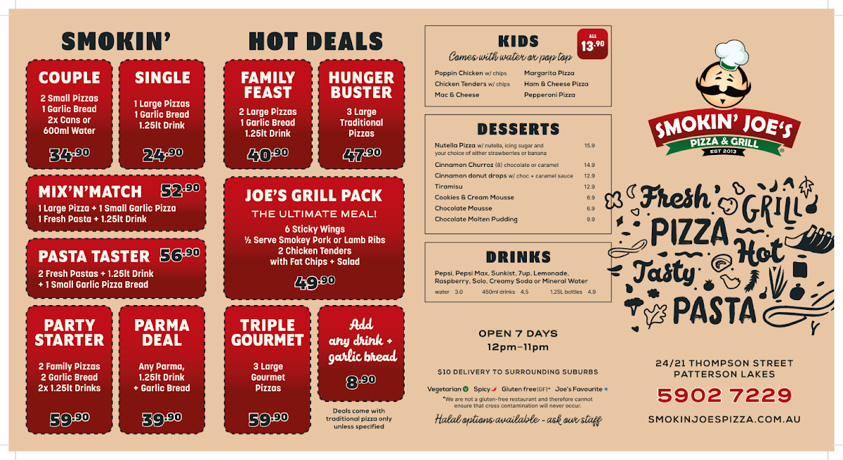 Menu, Smokin' Joe's Pizza & Grill - Patterson Lakes