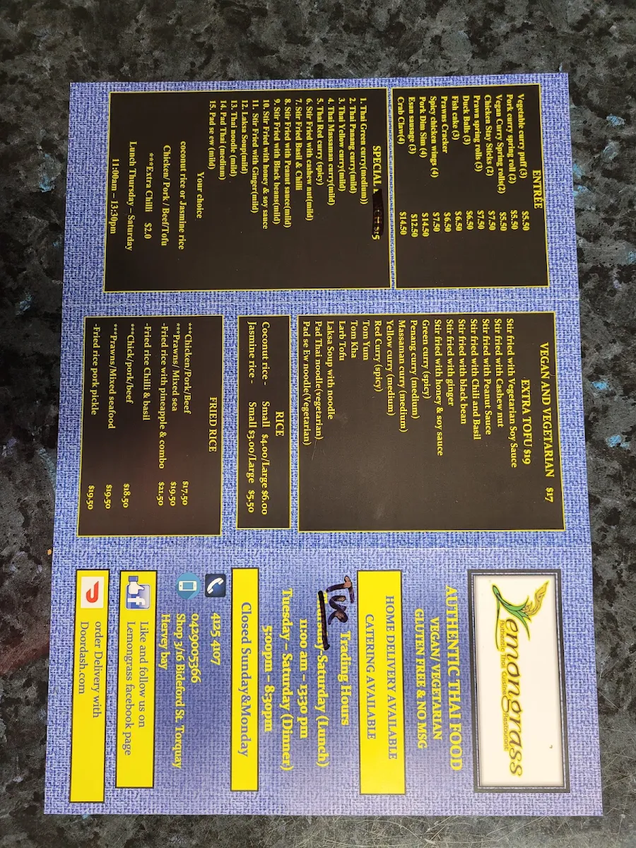 Menu, Lemongrass Authentic Thai Cuisine Restaurant