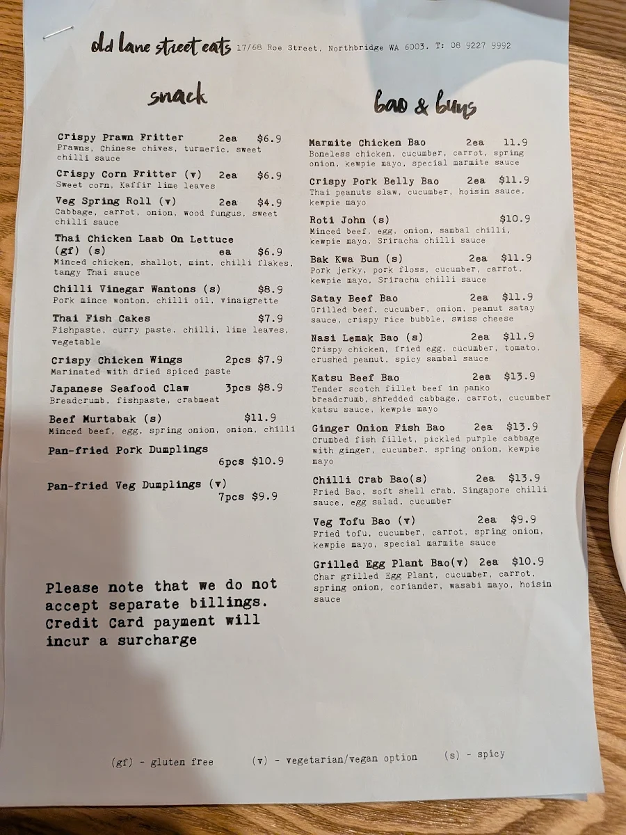 Menu, Old Lane Street Eats