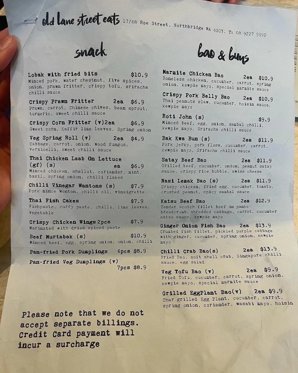 Menu, Old Lane Street Eats
