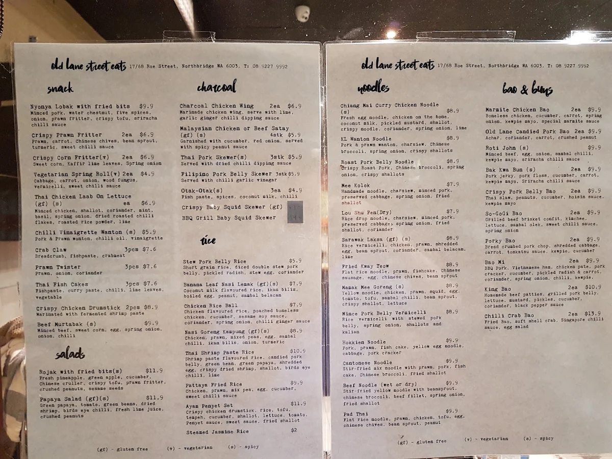 Menu, Old Lane Street Eats