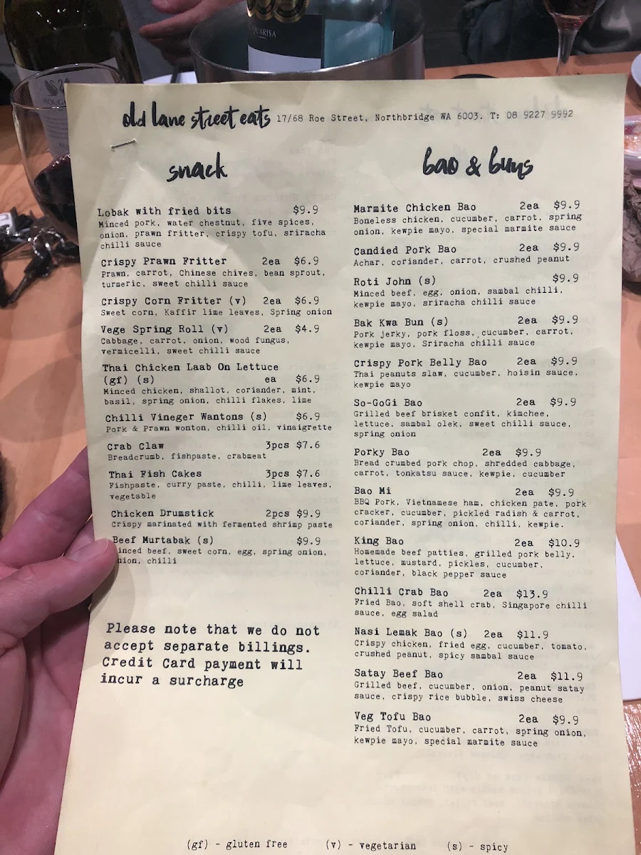 Menu, Old Lane Street Eats