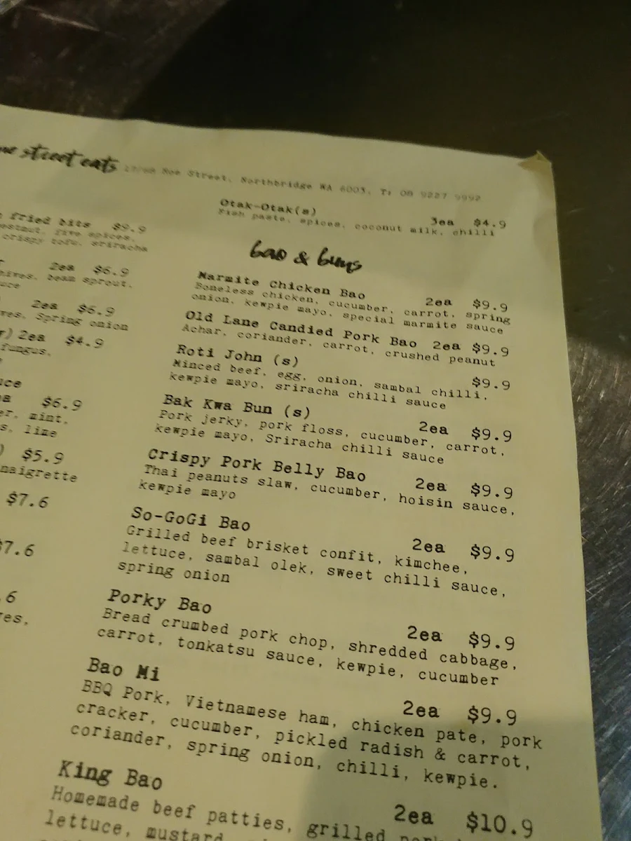 Menu, Old Lane Street Eats