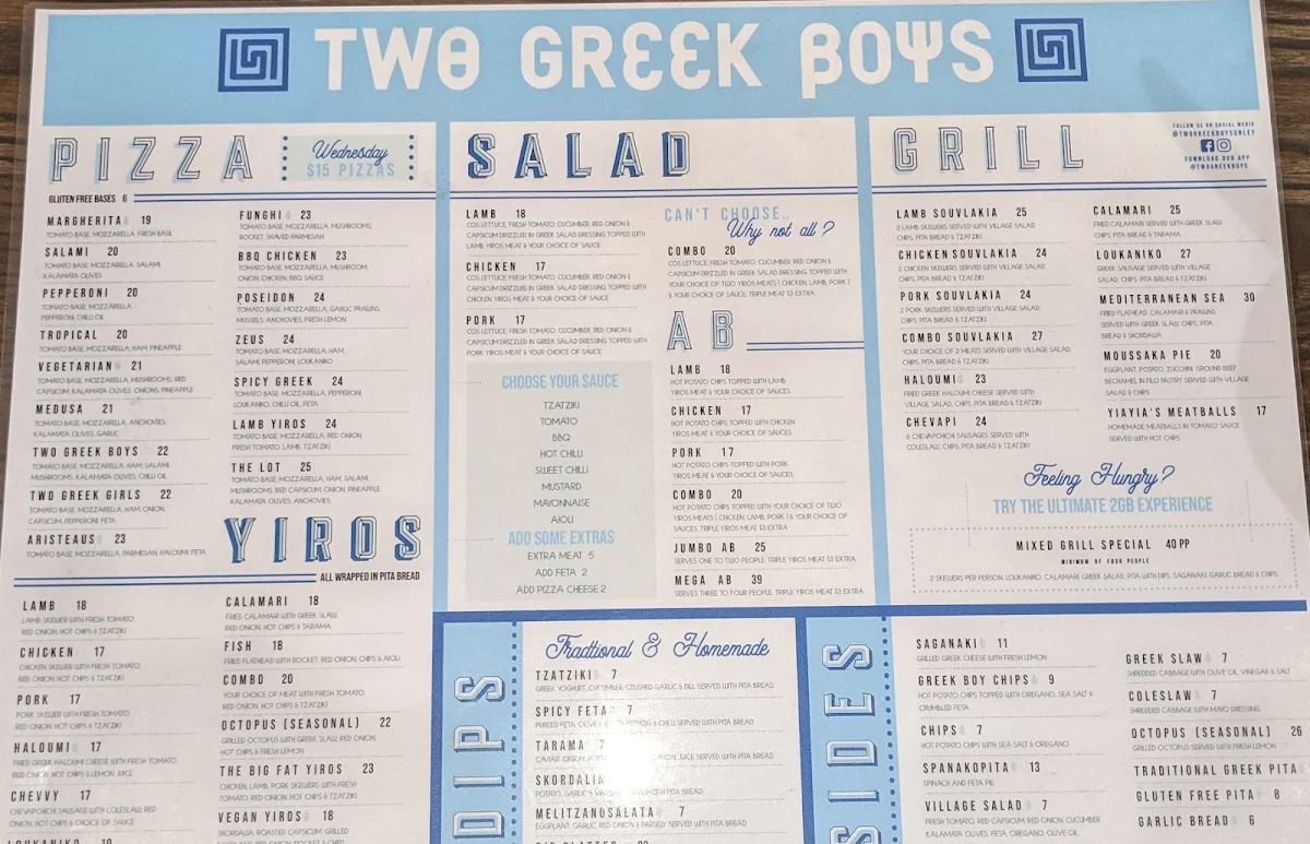 Menu, Greek Street