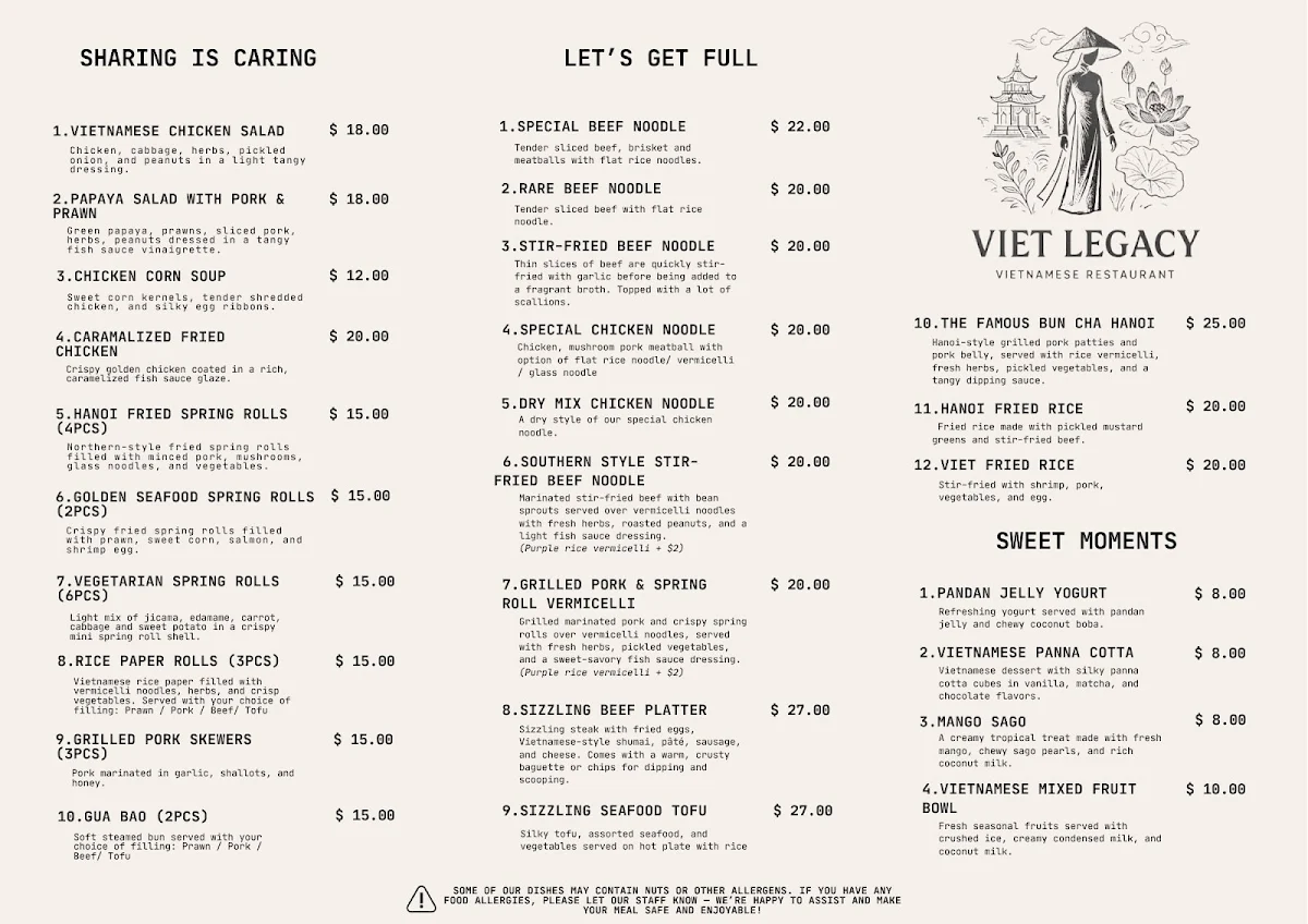 Menu, Viet Legacy