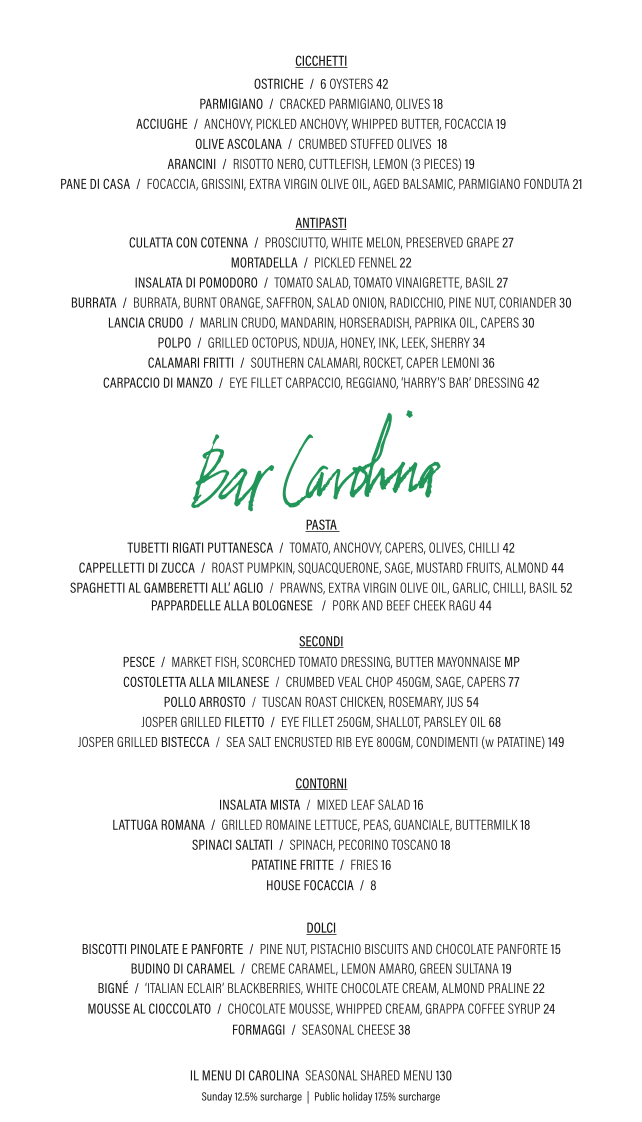 Menu, Bar Carolina