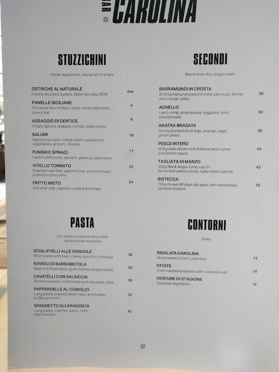 Menu, Bar Carolina