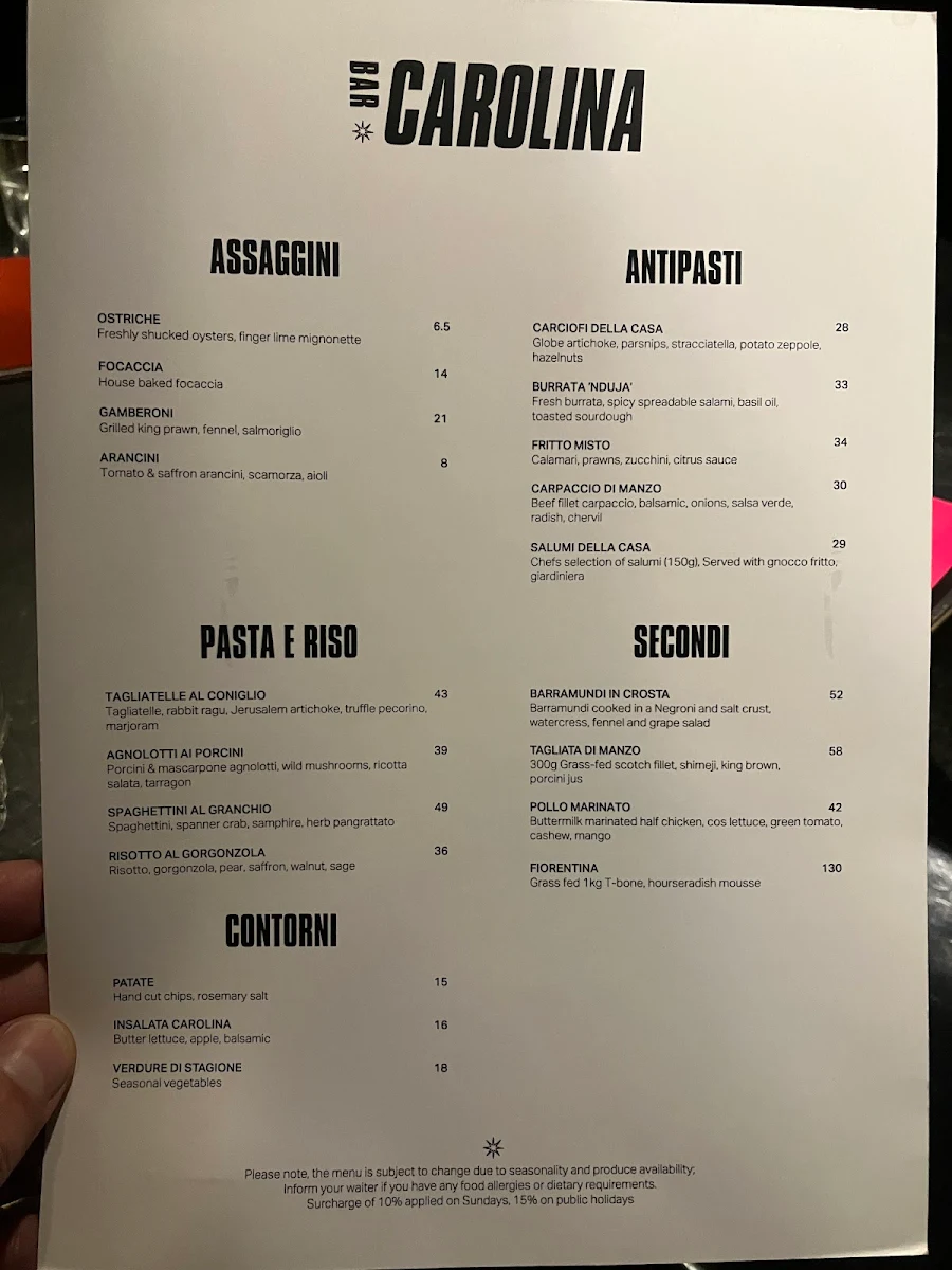 Menu, Bar Carolina