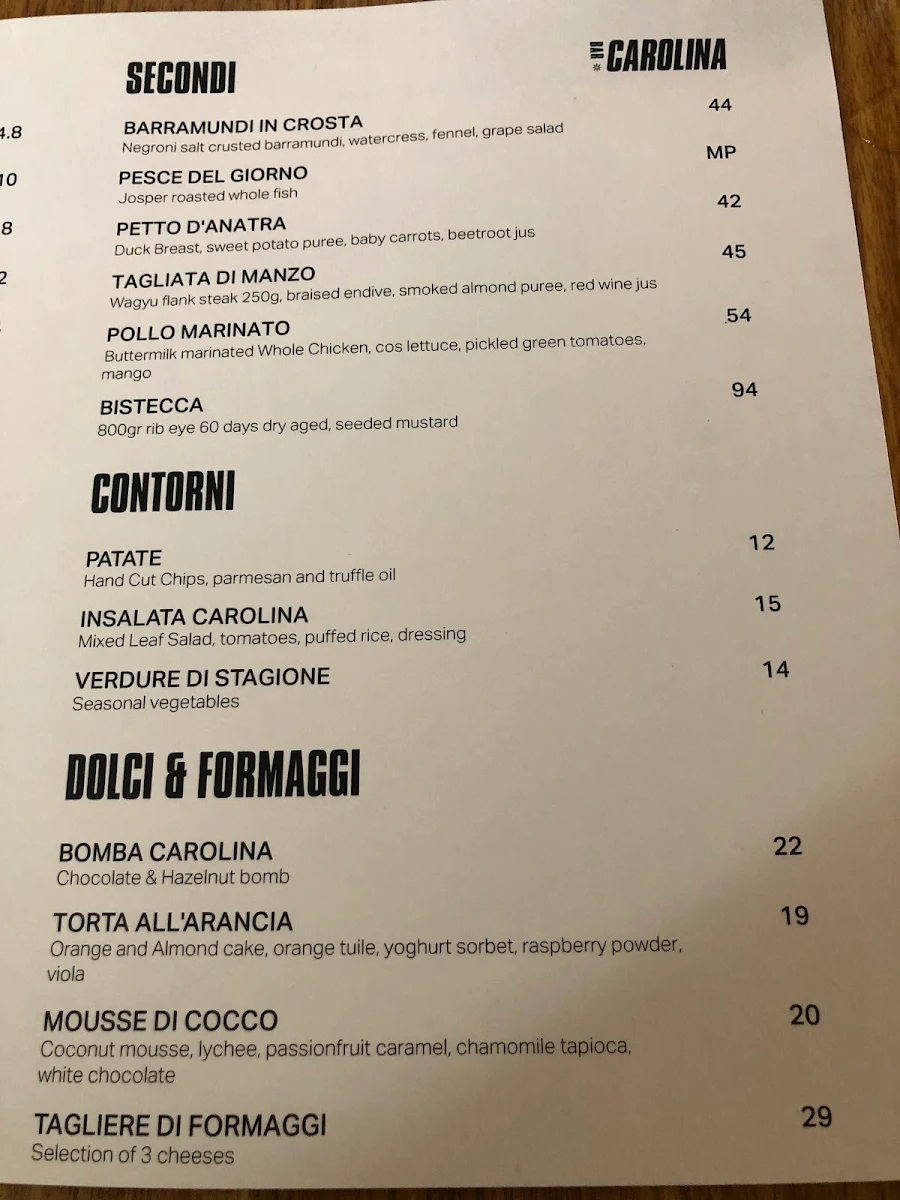 Menu, Bar Carolina