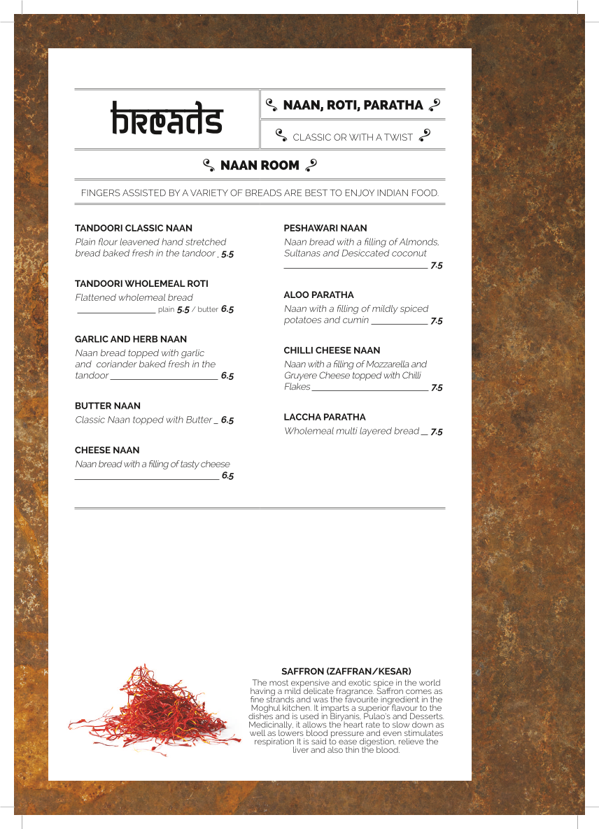 Menu, The Spice Room