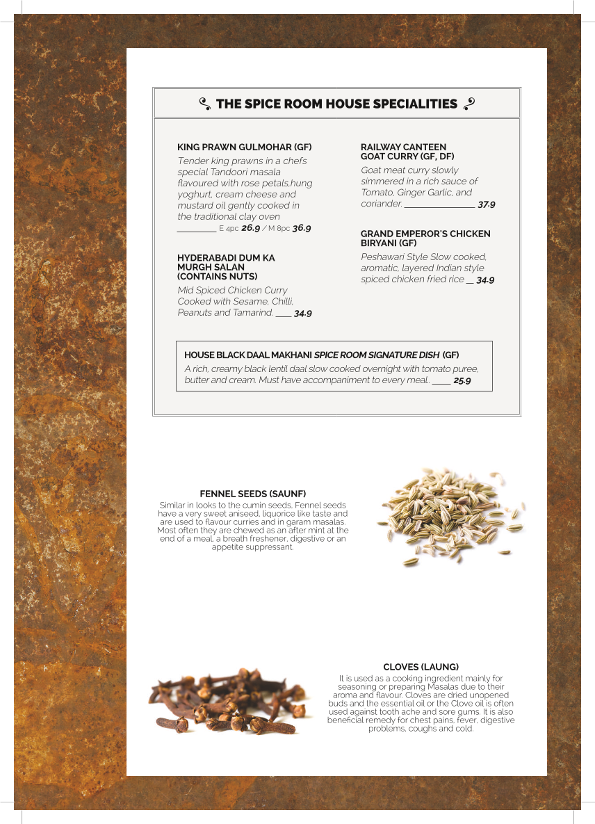 Menu, The Spice Room