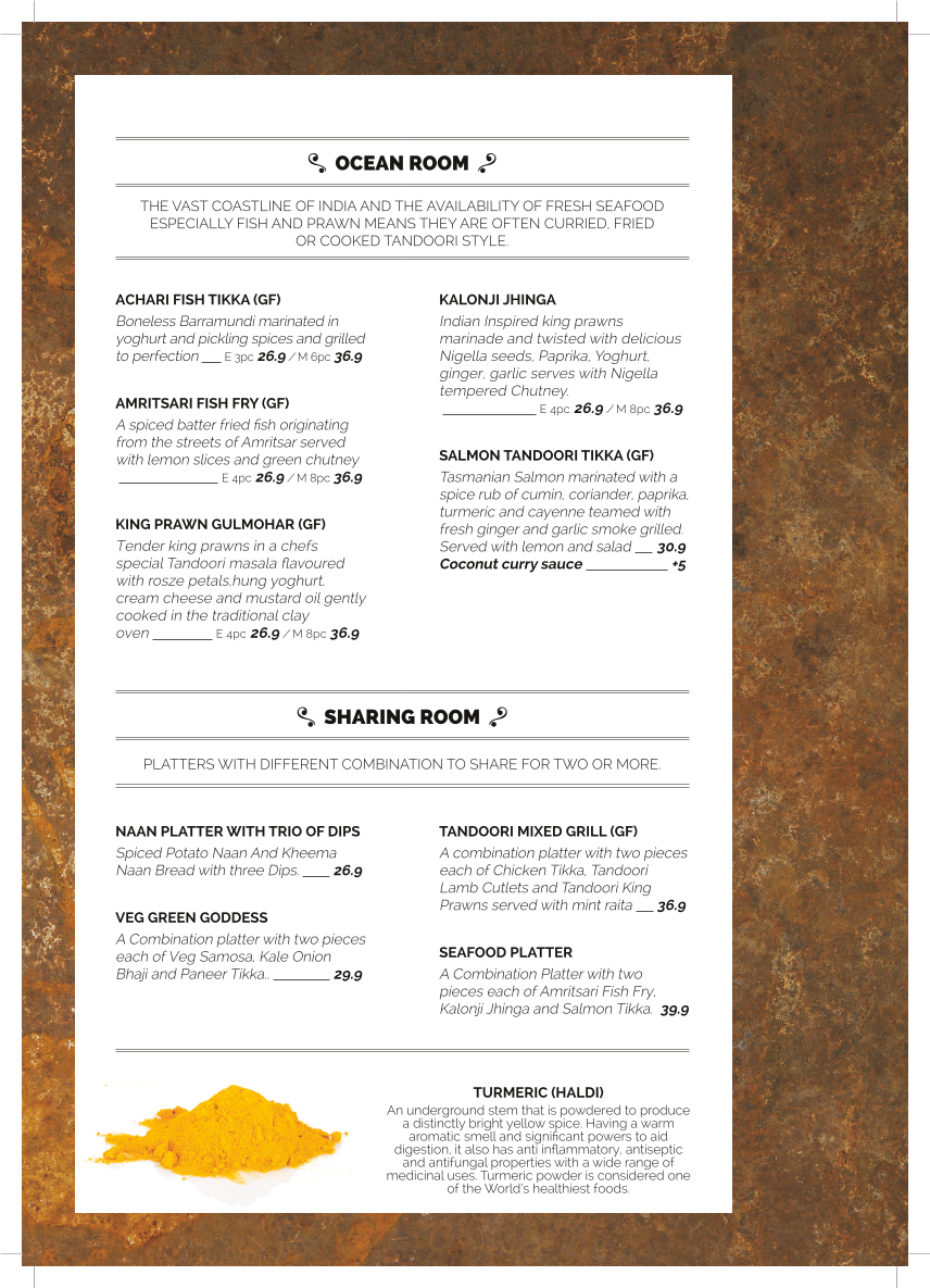Menu, The Spice Room