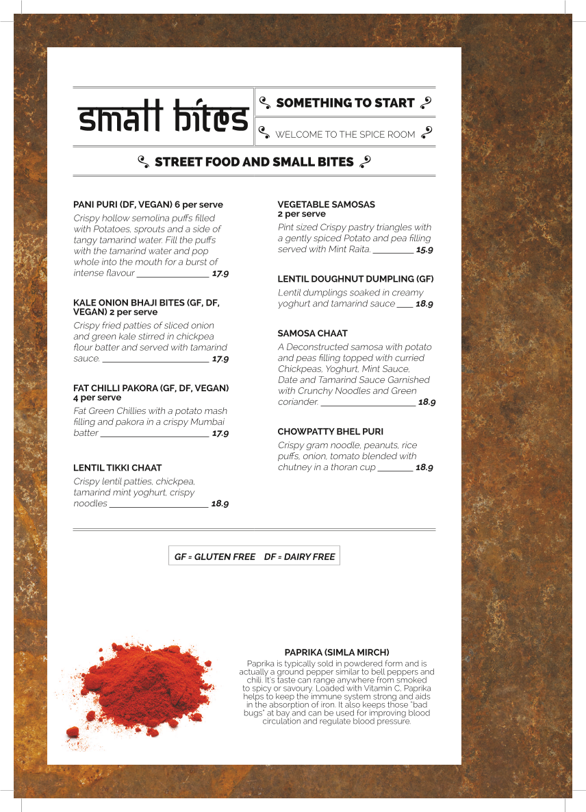 Menu, The Spice Room