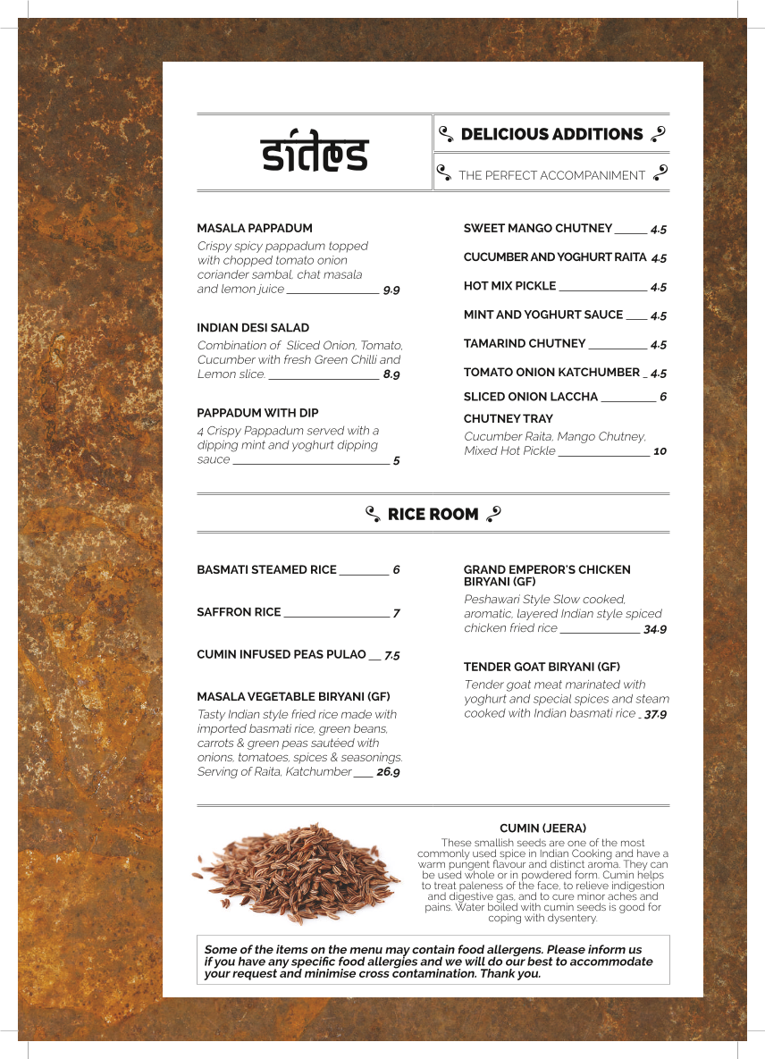 Menu, The Spice Room