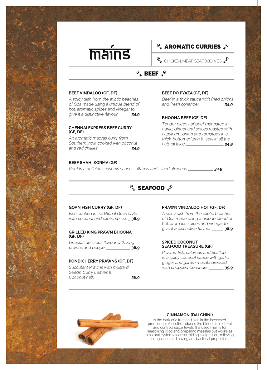 Menu, The Spice Room
