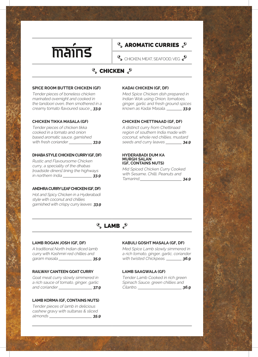 Menu, The Spice Room