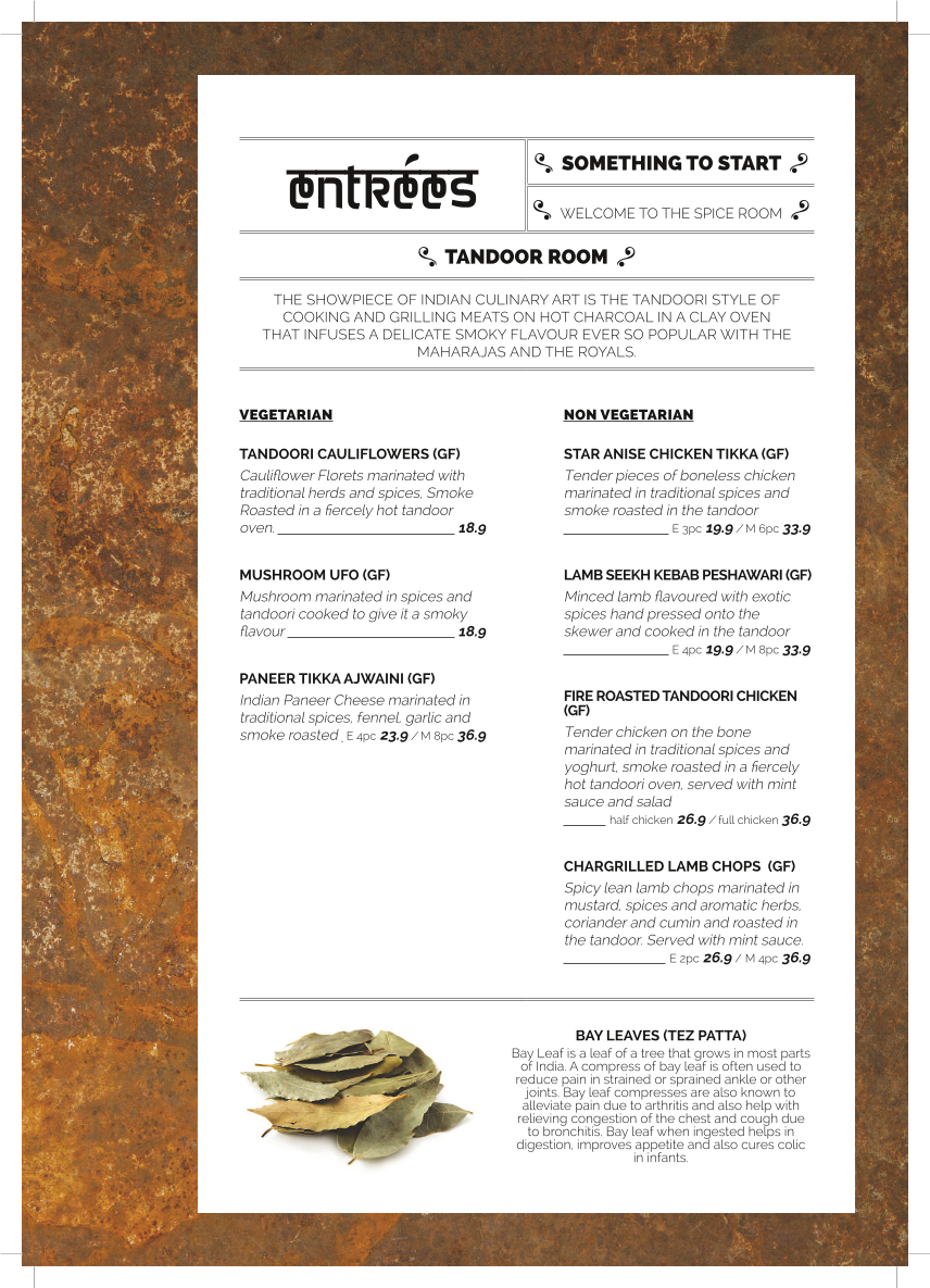 Menu, The Spice Room
