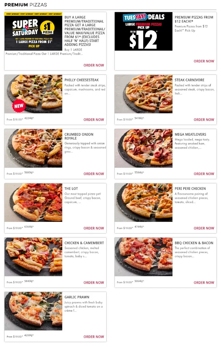 Menu, Domino's Pizza Truganina