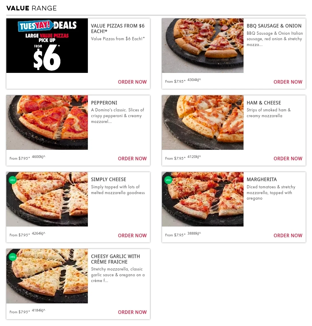Menu, Domino's Pizza Truganina