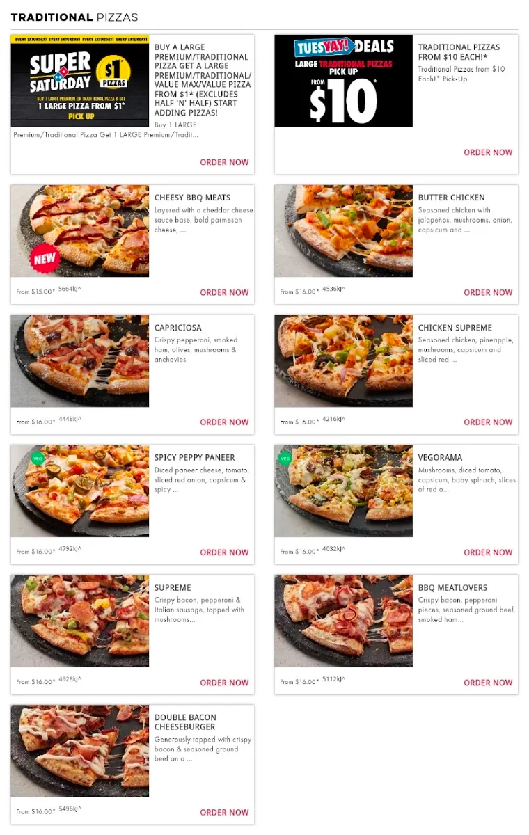 Menu, Domino's Pizza Truganina