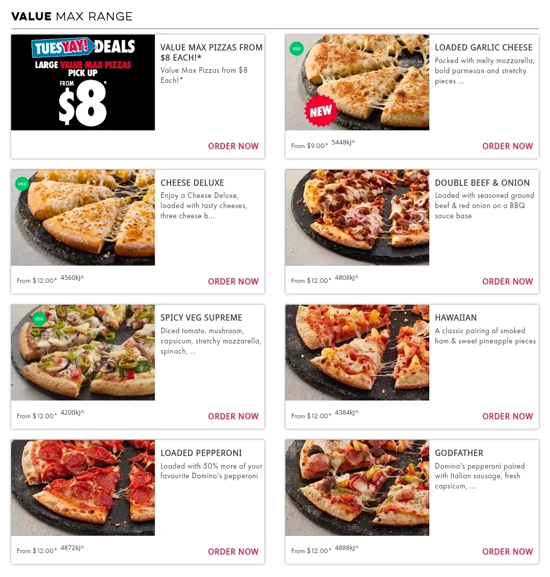 Menu, Domino's Pizza Truganina