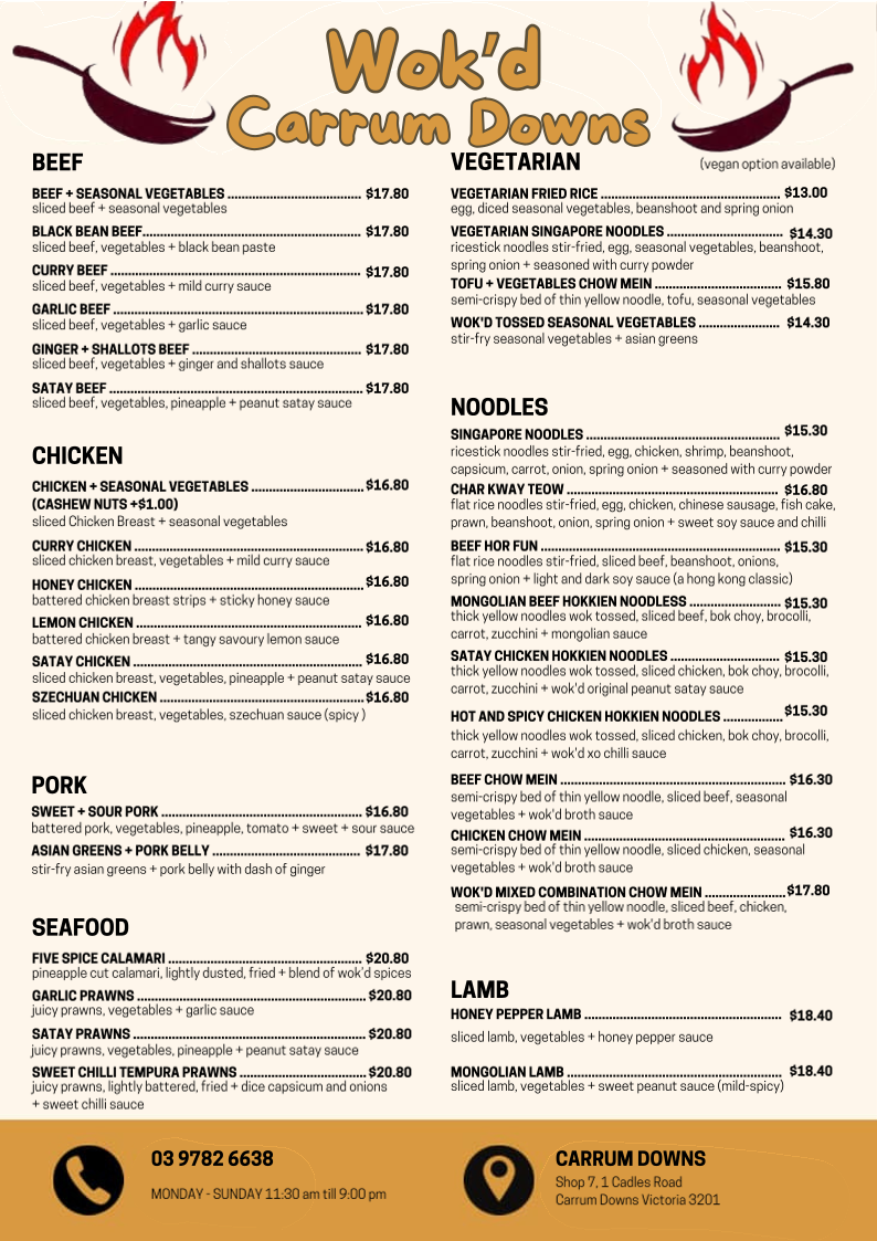 Menu, Wok'd Carrum Downs