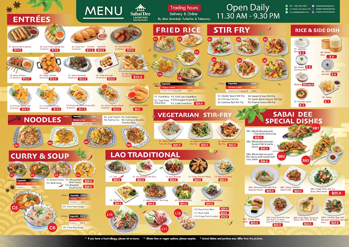 Menu, Sabaidee Lao&Thai Restaurant