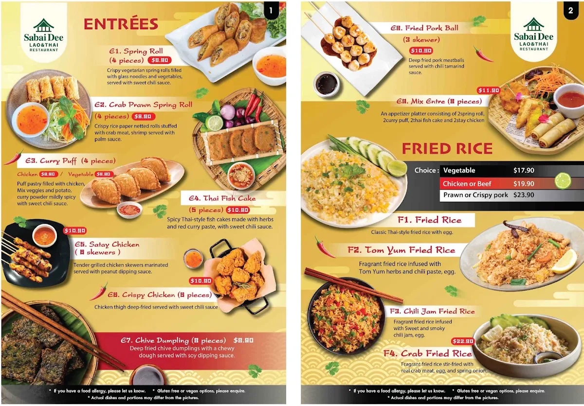 Menu, Sabaidee Lao&Thai Restaurant