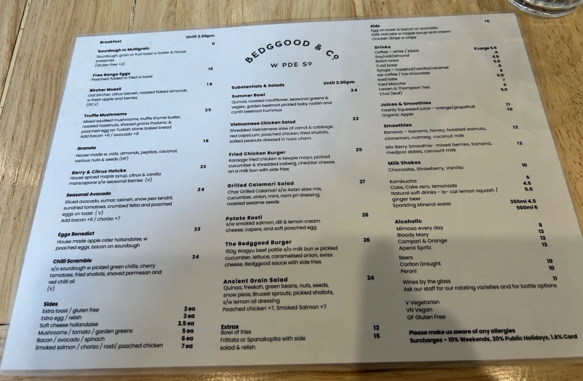 Menu, Bedggood & Co.
