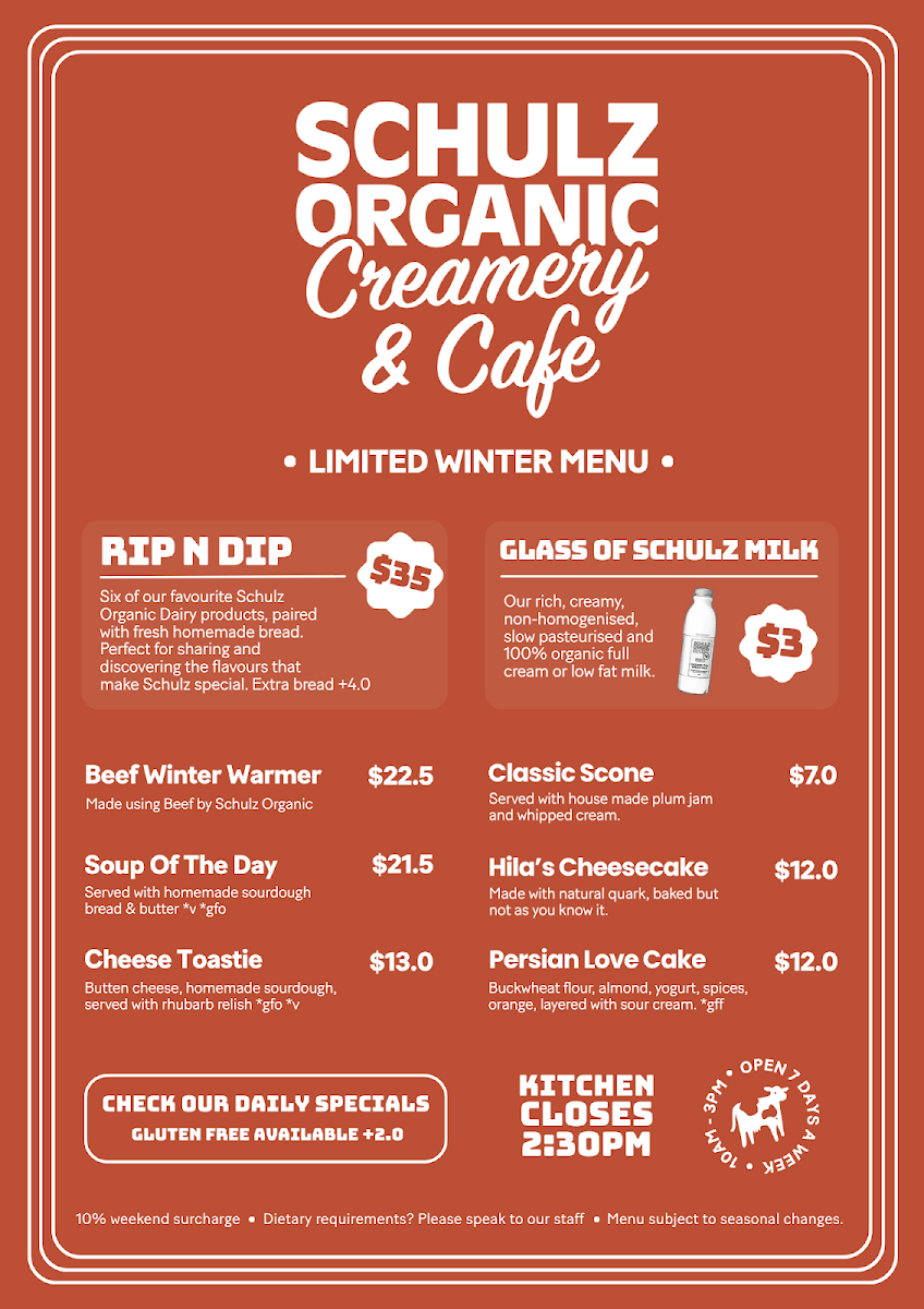 Menu, Schulz Organic Creamery & Cafe
