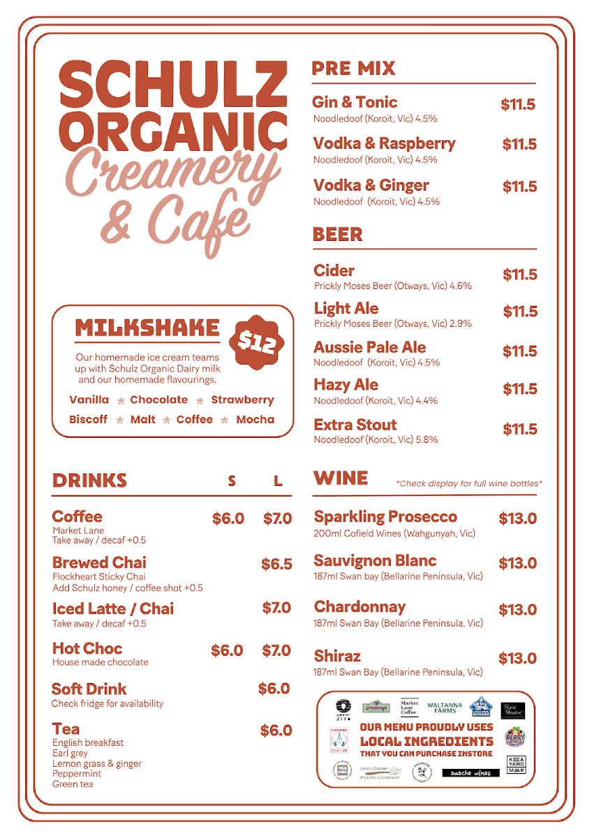 Menu, Schulz Organic Creamery & Cafe
