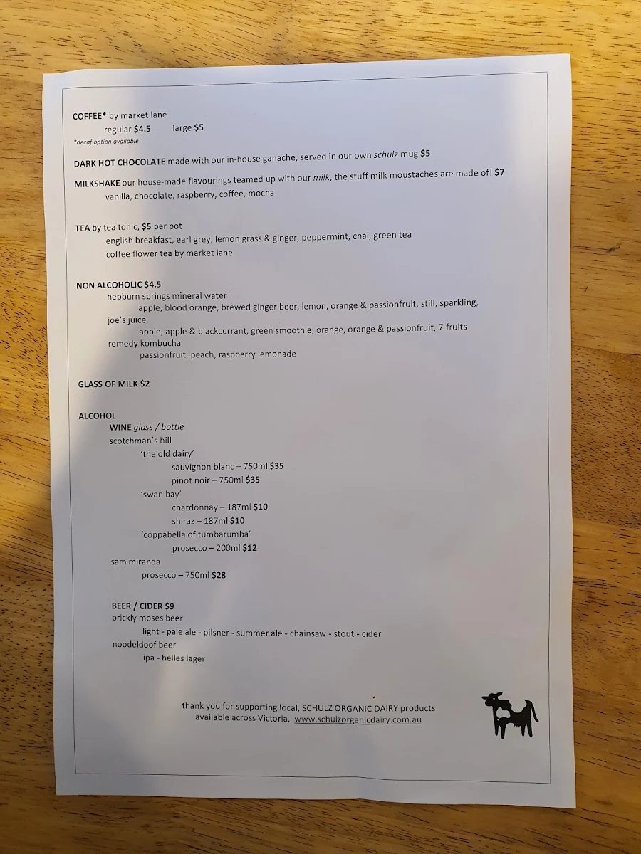Menu, Schulz Organic Creamery & Cafe